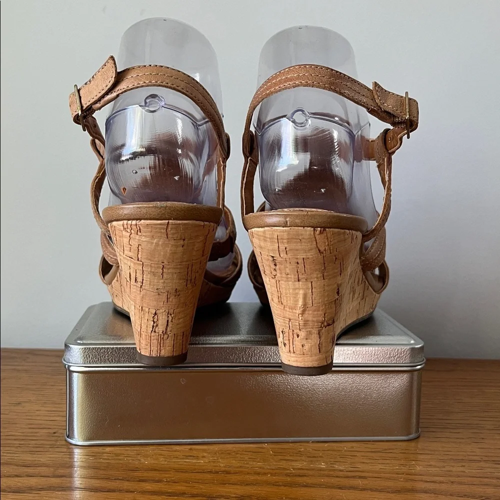 Clark Beaded Cork Wedge Leather Sandals Tan Brown Bronze Size 7.5